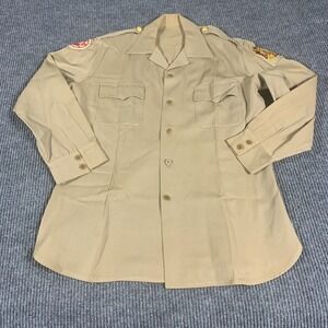 VTG USN Navy Shirt Mens M Beige Button‎ Up Vietnam Veteran Foreign Wars Patches